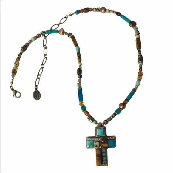 Vintage Michal Golan Cross Necklace Turquoise,Tiger Eye Gemstone Mosaic - Picture 2 of 9